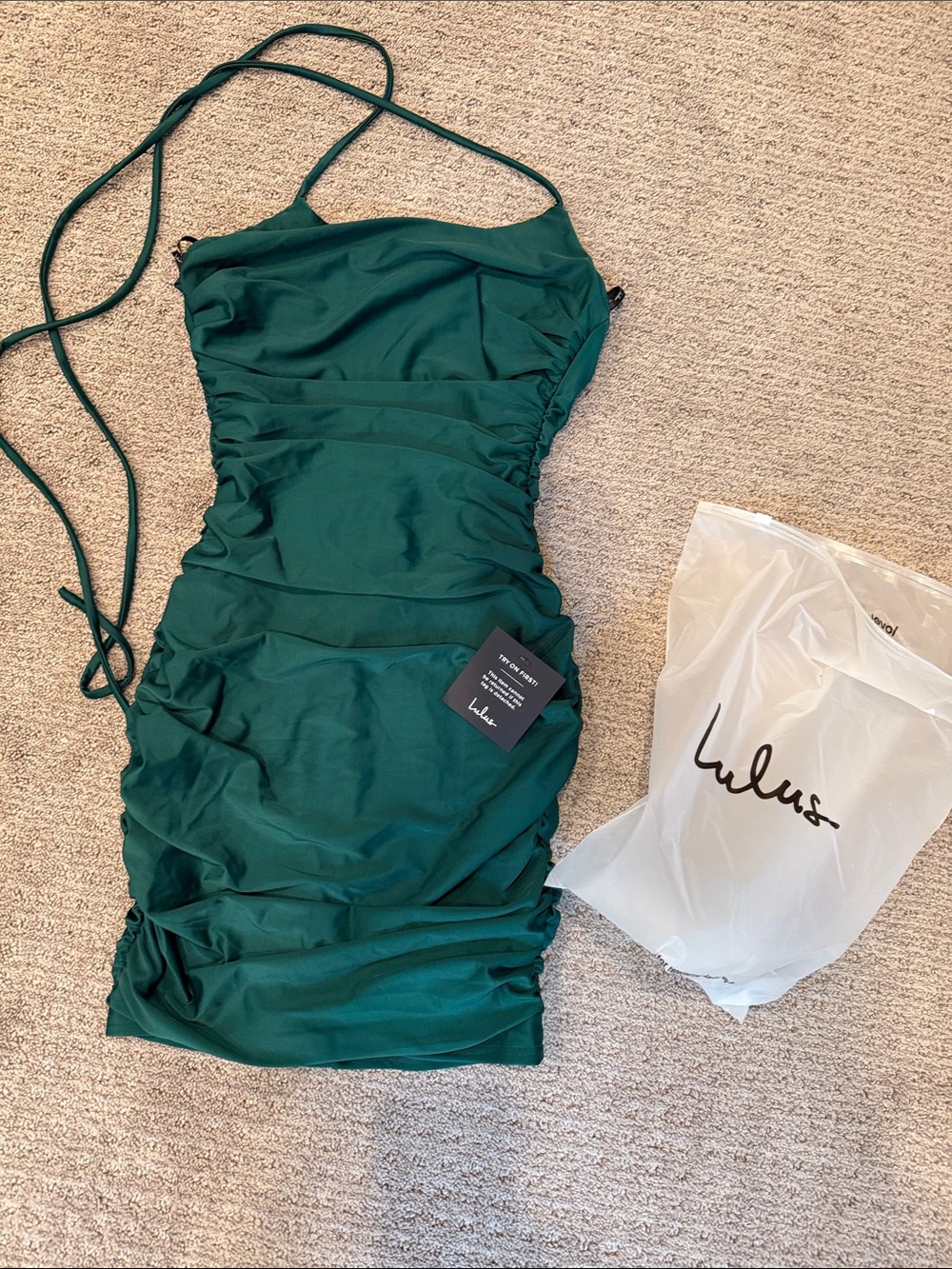 Lulu's Deep Green Ruched Halter Mini Dress